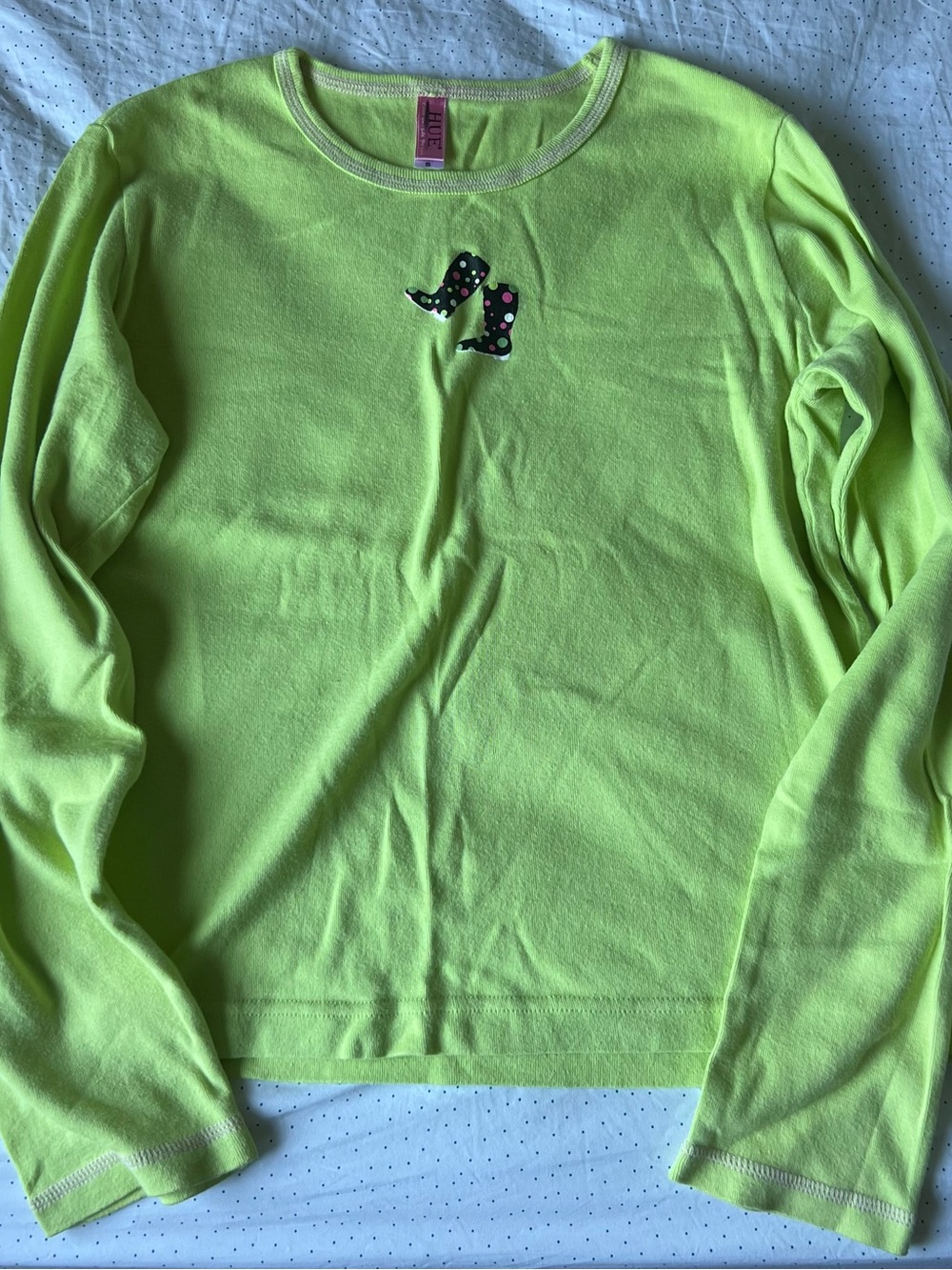 HUE Neon Lime Crewneck Sweater with Polka Dot Boot Motif